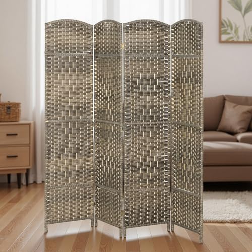 HOMCOM 4 Panel Room Divider, 6' Tall Folding Privacy Screen, Woven Freestanding Wall Partition for Home Office, Bedroom, Dark Rustic Oak HOMCOM