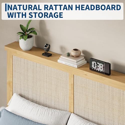 GAOMON King Size Rattan Bed Frame, Rattan Bed Frame with LED Light & Natural Headboard, Boho, Storage Space Underneth, Sturdy Wooden Slats Support, No Box Spring Needed GAOMON