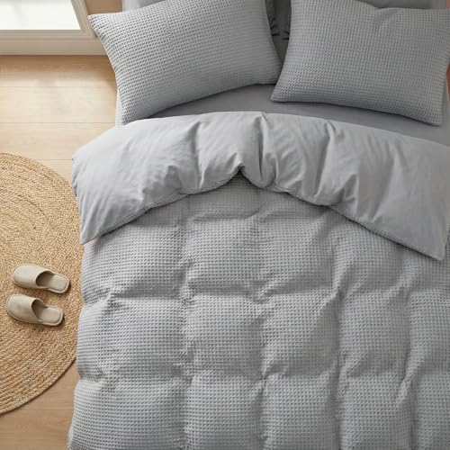 DCSKY Cotton Duvet Cover Full,100% Cotton Waffle Weave Grey Duvet Covers Full Size,Luxury Textured & Breathable 3pcs with 2 Pillow Shams for All Season 80x90 Inches DCSKY