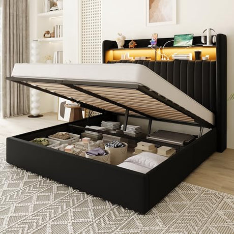 Allewie Queen Size Lift Up Hydraulic Storage Bed Frame, 2-Tier Shelf Headboard with LED Lights and Charging Station, USB and Type C Ports, Wingback Velvet Headboard, No Box Spring Needed, Black Allewie