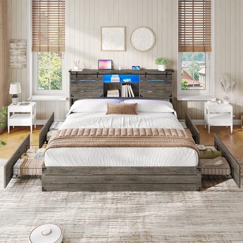 VIAGDO Wooden Bed Frame King Size with Bookcase Headboard and Sliding Barn Door, Farmhouse King Bed Frame with Charging Station, LED Lights and 4 Storage Drawers, No Box Spring Needed, Grey VIAGDO