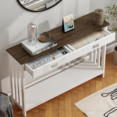 ChooChoo Farmhouse Long Entryway Table with Drawer, Mission Narrow Console Sofa Table with Storage, for Entryway,Living Room and Hallway, 47 Soft White and Brown ChooChoo