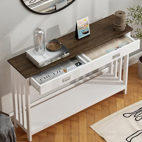 ChooChoo Farmhouse Long Entryway Table with Drawer, Mission Narrow Console Sofa Table with Storage, for Entryway,Living Room and Hallway, 47 Soft White and Brown ChooChoo
