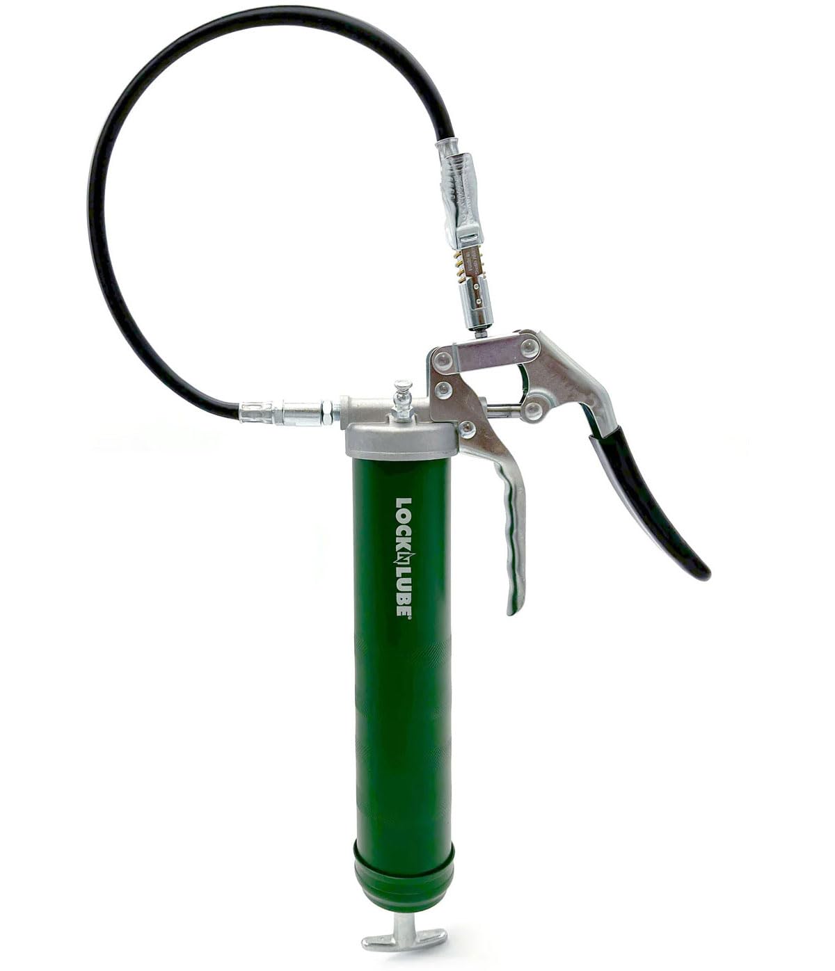 LockNLube Heavy-Duty Pistol Grip Grease Gun. Includes our patented LockNLube® Grease Coupler (Locks On, Stays On, Won't Leak!) plus a high-quality 20" hose and in-line hose swivel LockNLube