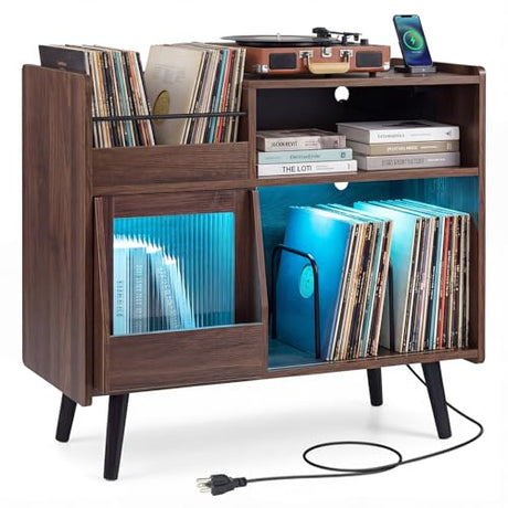 Giantex Large Record Player Stand with LED Light, Mid Century Modern Turntable Stand w/Sliding Door, Charging Station & Solid Wood Leg, Record Player Table, Vinyl Record Storage for Living Room, Walnut Giantex