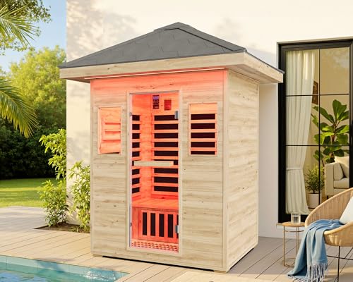 Albott Outdoor Sauna 3 Person, Infrared Saunas for Home, Low EMF 2645W/240V/15A Spruce Wood Dry Sauna with Tourmaline Stone Foot Warmer, 7-Color Light Therapy & 2 Bluetooth Speakers, 60.2"x43.3"x98.4" Albott