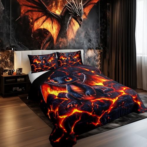 Manfei Dragon Comforter Set Twin Size,Volcano Eruption 3D Red Lava Flame Print Bedding Set 2 Pcs for Boys Girls,Cute Black Dragon Mystic Animal Natural Disaster Down Comforter,1 Pillowcase Manfei