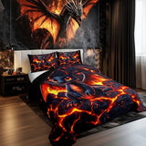 Manfei Dragon Comforter Set Twin Size,Volcano Eruption 3D Red Lava Flame Print Bedding Set 2 Pcs for Boys Girls,Cute Black Dragon Mystic Animal Natural Disaster Down Comforter,1 Pillowcase Manfei