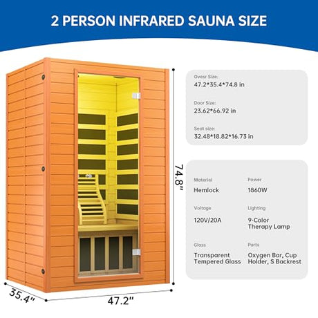 RESTISLAND Infrared Sauna Room for Home, Near Zero EMF Wooden 2 Person Indoor Infrared Sauna at Home with Bluetooth, LCD Control Panel, Chromo Therapy Light RESTISLAND