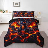 Manfei Dragon Comforter Set Twin Size,Volcano Eruption 3D Red Lava Flame Print Bedding Set 2 Pcs for Boys Girls,Cute Black Dragon Mystic Animal Natural Disaster Down Comforter,1 Pillowcase Manfei