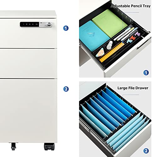 DEVAISE 3-Drawer Mobile File Cabinet with Smart Lock, Pre-Assembled Steel Pedestal Under Desk, White DEVAISE