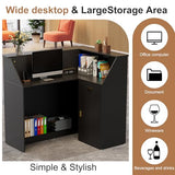 PAKASEPT Reception Desk with LED Lights, L-Shaped Modern Front Desk with Glass Display Shelf, Reception Counter Table for Lobbies, Salons, Retail, Home Offices (Black) PAKASEPT
