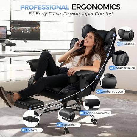 COMHOMA Big and Tall Office Chair 400LBS Heavy Duty Gaming Chair with Deluxe Embossing Leather High Back Wider Ergonomic Computer Chair with Foot Rest 150°Reclining Pocket Spring Lumbar Support COMHOMA