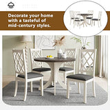 Merax Mid-Century 5-Piece Round Dining Table Set for 4, Solid Wood Kitchen Table with Upholstered Chairs for Small Spaces, Brown Table and Gray Chairs Merax