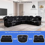 Saxum Tegmen Power Recliner Sofa Set, Living Room Furniture Sets, Leather Sectional Sofa Set with LED Lights, Cup Holders, Storage Console for Living Room/Home Theater (Black)