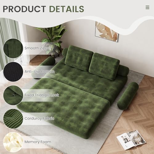 DSNAPE 59" Convertible Sofa Bed, 5-in-1 Folding Loveseat Sleeper Chair with Pillows Removable Armrests, Fold Out Boneless Couch Futon Floor Mattress Lounge for Apartment Dorm Living Room - Green, Full DSNAPE