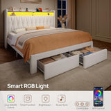 Rolanstar Queen Bed Frame with Drawers, Storage Headboard with Charging Station and LED Lights, Upholstered Bed with Heavy Duty Wood Slats, No Box Spring Needed, Noise Free, Easy Assembly, Beige Rolanstar