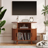 Garvee 35'' Fluted Mid Century Modern Turntable Cabinet, Large Round Record Player Stand with Charging Station and Display Shelf, Arched Wood Record Player Table for Living Room Garvee