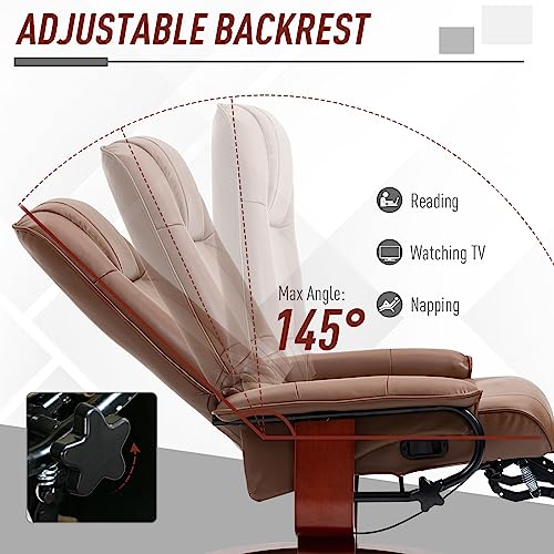 HOMCOM Swivel Recliner Chair, PU Leather Reclining Armchair with Retractable Footrest, Lounge Chair with Wood Base and Adjustable High Back for Small Spaces, Living Room, RV, Bedroom, Brown