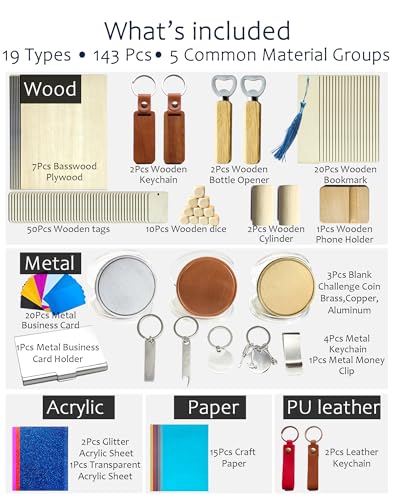 YoSpciaNe Laser Engraving Material Kit, 143 Pcs 19 Types Laser Engraver Blanks and Laser Engraver Supplies for Testing Common Materials, with Wood, Paper, Acrylic, Metal, PU Leather YoSpciaNe