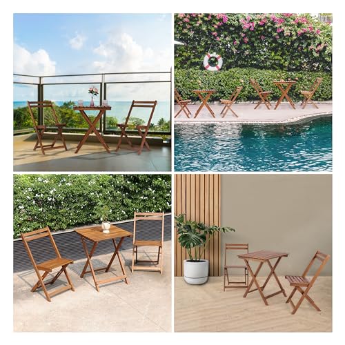 VICTORY RELAX Bistro Table and Chairs Set of 3, Folding Acacia Wood Patio Bistro Set with Square Table, Suitable for Balcony, Garden, Poolside, Yard, Camping VICTORY RELAX