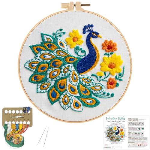 Louise Maelys Peacock Flower Embroidery Kits for Beginners,Cross Stitch Kit for Adults,DIY Needlepoint Kits Including Embroidery Hoop,Instruction and Threads