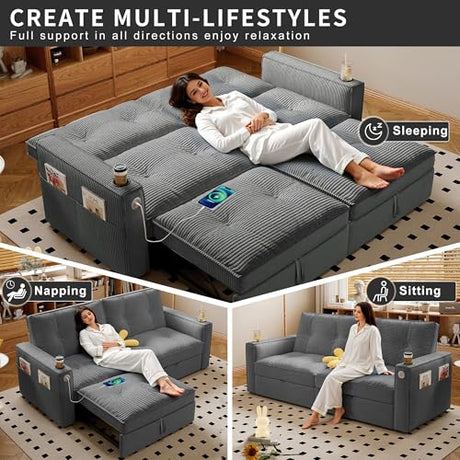 Tabaray 73.2'' Futon Sofa Bed Full, Convertible Pull Out Couch with Adjustable Backrest, Pre-Assembled Corduroy Sleeper Sofa, 2 Cup Holders & Pockets, USB, Loveseat for Living Room, Apartment, Grey Tabaray