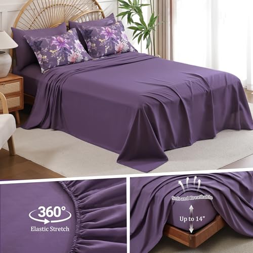 Drucon Floral Comforter Set King Size 7 Piece, Purple Flower Bed in a Bag, Elegant Floral Comforter with Sheet Set, Soft Microfiber Bedding Set for All Season Drucon