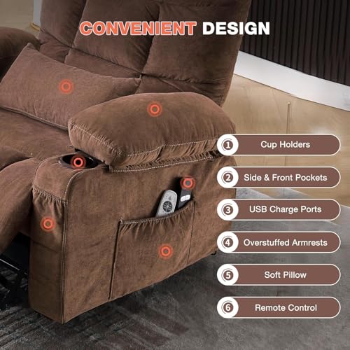 Ultra Wide Power Lift Recliner Chair for Elderly,Rotating Lounge Chair with Hot Massage Heating and Auxiliary Standing Function,Oversized Lazyboy Single Sofa with Cup Holder for Living Room (Brown)