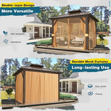 MELLCOM 10'x10' Hardtop Gazebo, Galvanized Steel Metal Double Roof Aluminum Gazebo with Curtain and Netting, Brown Permanent Pavilion Gazebo for Patio, Lawn & Garden MELLCOM