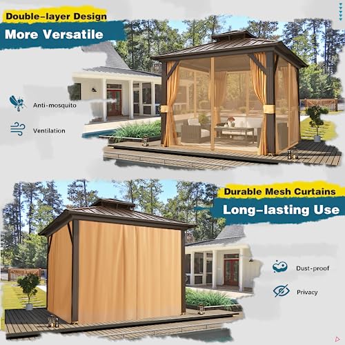 MELLCOM 10'x10' Hardtop Gazebo, Galvanized Steel Metal Double Roof Aluminum Gazebo with Curtain and Netting, Brown Permanent Pavilion Gazebo for Patio, Lawn & Garden - WoodArtSupply