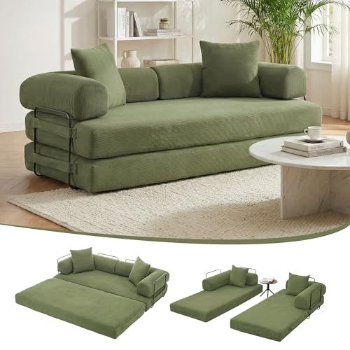 MAKIAAP 78.5'' Convertible Folding Sofa Bed, 5-in-1 Modular Floor Couch, Corduroy Small Cloud Couch, Compressed Foldable Sleeper Sofa, King Size Futon for Bedroom, Guest Room (Green) MAKIAAP