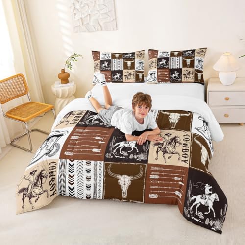 Cowboy Comforter Set Full Size,Southwestern Aztec Country Horse Bedding Set 3pcs,Rustic Ranch Retro Animal Down Comforter,Brown Patchwork Farmhouse Bed Set for Kids Boys Teens,2 Pillowcases,No Sheets Manfei