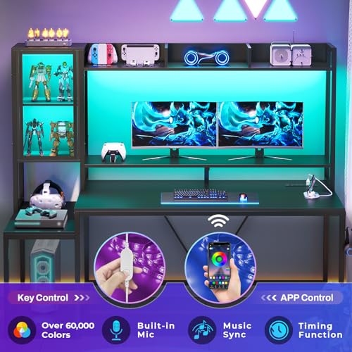 SEDETA Gaming Desk, 60'' Gaming Desk with Hutch and LED Lights, Computer Desk with Storage Shelves, Large PC Gamer Desk with Display Cabinet, Monitor Stand, Power Outlet for Home Office, Black SEDETA