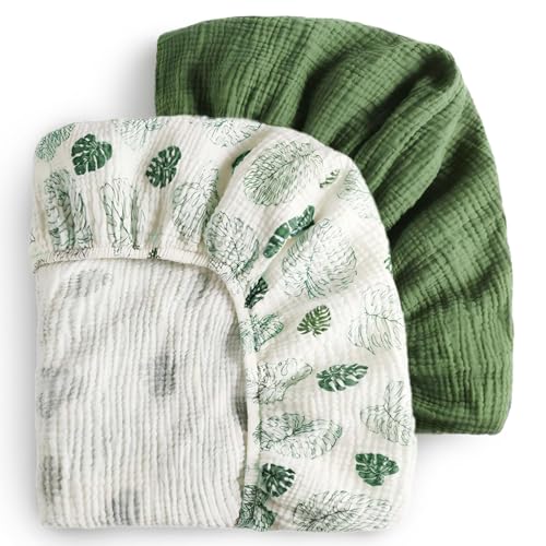 Blissful Diary Muslin Crib Sheets for Girl Boy, Boho Neutral Soft Cotton Baby Sheet for 52''x28'' Standard Crib Mattress, 2 Pack(Monstera&Dark Green) Blissful Diary