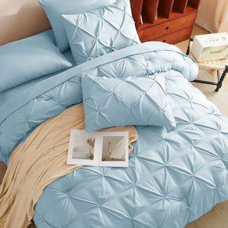 CozyLux Queen Comforter Set Light Blue, 7 Pieces Pintuck Bed in A Bag, Premium Blue Comforter Queen Size, Pinch Pleat Bedding Sets with Comforter, Sheets, Pillowcases & Shams CozyLux