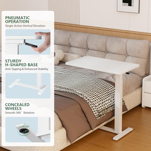 Ywin Medical Adjustable Overbed Bedside Table with Wheels, Rolling Standing Desk, Pneumatic Small Side Bed Table with Tray for Couch, Hospital, Home,Office Use (White) Ywin