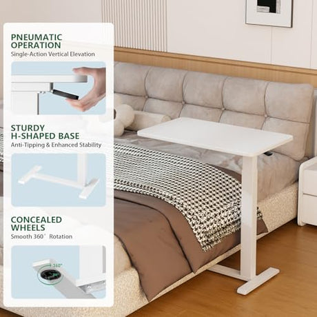 Ywin Medical Adjustable Overbed Bedside Table with Wheels, Rolling Standing Desk, Pneumatic Small Side Bed Table with Tray for Couch, Hospital, Home,Office Use (White) Ywin