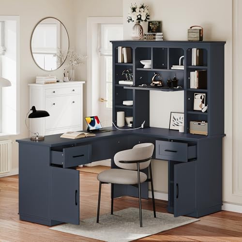 Hlcodca L Shaped Computer Desk with Drawers, Bookshelf & Hutch, Modern Corner Home Office Desk, L-Shaped Study Table Writing Corner Gaming Computer Desk with Storage (Antique Blue) Hlcodca