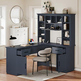 Hlcodca L Shaped Computer Desk with Drawers, Bookshelf & Hutch, Modern Corner Home Office Desk, L-Shaped Study Table Writing Corner Gaming Computer Desk with Storage (Antique Blue) Hlcodca