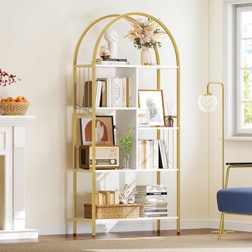 YITAHOME 5-Tier Gold Arched Bookshelf - Elegant White & Gold Storage Rack for Home, Office, and Living Space - WoodArtSupply