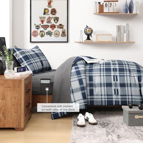 MaiRêve Navy Blue Twin XL Comforter Set, Twin XL Bedding Sets for Boys Girls 5 Pieces for Dorm Farmhouse All Season Lightweight &Comfy with Fitted Sheet, Flat Sheet (Navy Blue, Twin XL, 66"x90") MaiRêve