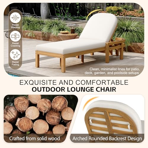 KLMM Outdoor Chaise Lounge Set of 2,Acacia Wood Patio Recliner with Arched Backrest, 5-Position Adjustable Backrest,for Poolside, Backyard, Deck & Lawn (Light Teak-lc)