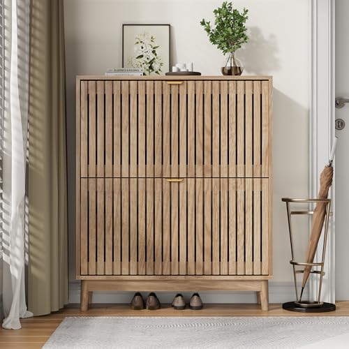 Kiasthome 2 Flip Drawer Shoe Storage Cabinet, Wooden Shoe Organizer with Ventilated Slatted Doors for Entryway, Hallway, Living Room (Wood, 31.5" W) Kiasthome