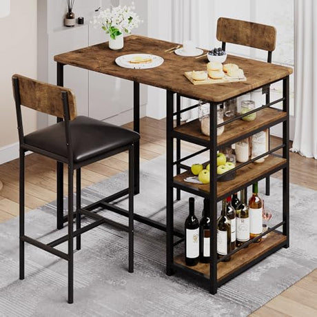 CABIHOME Dining Table Set for 2, Kitchen Table and Upholstered Chairs for 2, 3 Piece Counter Height Bar Table Set with 3 Large Storage Shelves for Small Space, Apartment, Studio, Rustic Brown CABIHOME