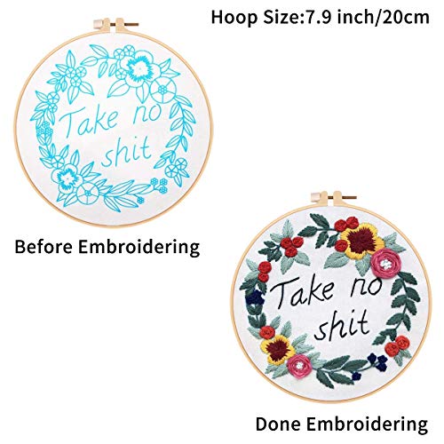 Louise Maelys Embroidery Starter Kit with 3 Hoops for Adults Funny Floral Wreath Pattern for Beginners Needlepoint Kits