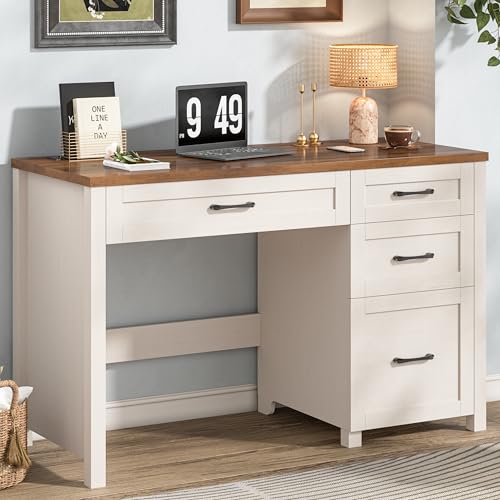 Halitaa Farmhouse 47" Executive Desk, Computer Desk with File Drawer and Charging Station, Workstation for Study, Home Office, Unique White. Halitaa