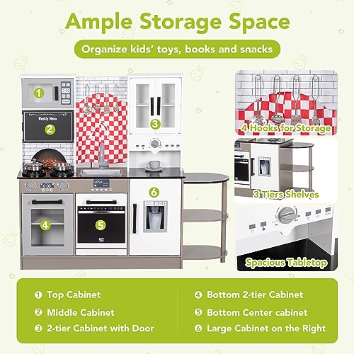 BRINJOY Kids Kitchen Playset, Wooden Toddler Kitchen Set w/Curtains, Coffee Maker, Storage Shelf, Stove,Sink, Utensils, Light & Sound, Kids Pretend Play Kitchen Toy Gift for Girls Boys (3-Stage) BRINJOY