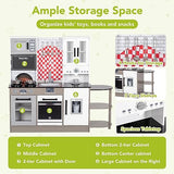 BRINJOY Kids Kitchen Playset, Wooden Toddler Kitchen Set w/Curtains, Coffee Maker, Storage Shelf, Stove,Sink, Utensils, Light & Sound, Kids Pretend Play Kitchen Toy Gift for Girls Boys (3-Stage) BRINJOY