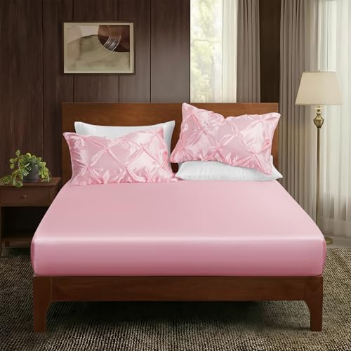 P Pothuiny 3-Piece Set Pintuck Satin Pillowcases & Full Fitted Sheet, Blush Pink Satin Sheet Silky Soft Luxury Romantic Pinch Pleated Bedding Bedroom Dorm Decor, 15 Inch Deep Pocket P Pothuiny